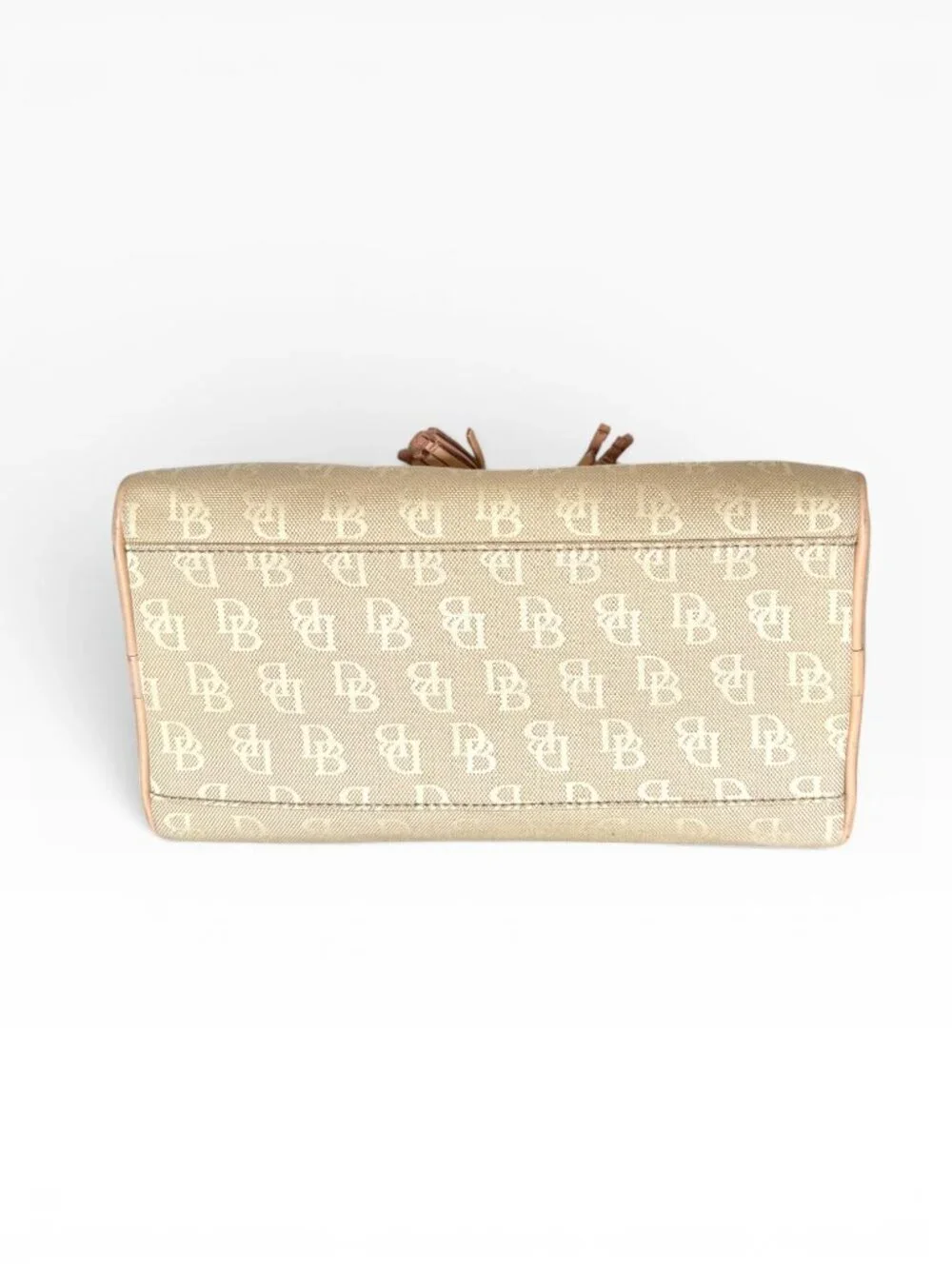 Dooney & Bourke Beige DB Monogram Canvas Bowler Satchel Leather Tassel Charm Bag